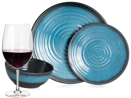 Set di stoviglie da campeggio in melamina, per 4 persone, colore blu pietra + 4 bicchieri da vino rosso Tiamo bicchieri da vino rosso stoviglie da picnic barbecue