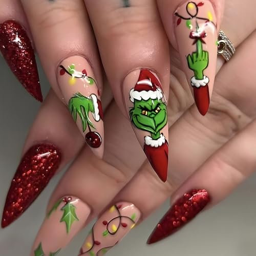 Colorful fruit 24 PCS faux ongles de Noël rouge long faux ongles chapeau de Noël femme presse - ongles (Rouge, C)