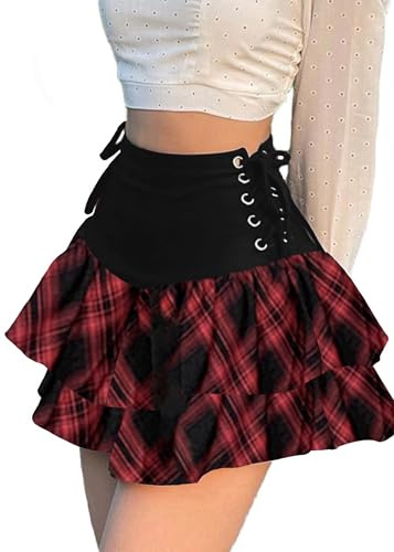 Falda plisada con volantes y cintura alta para mujer, de estilo gótico, sexy, cruzada, con lazo, acampanada, Rojo Checker Patchwork Negro, L