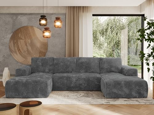 MKS MEBLE Sofa Grau mit Schlaffunktion - Ecksofa mit Schlaffunktion und Bettkasten - Couch - Schlafsofa mit Bettkasten - Trentino U - Dunkelgrau Cord