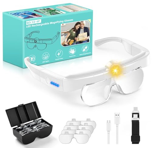 Magnifying Glasses with Lights,Flip-up Rechargeable Hands Free Headband Magnifying Glasses for Close Work with 3 Color Temperature, 5X 3.5X 2.5X 1.5X Professional Jeweler's Loupe Lighted Magnifiers