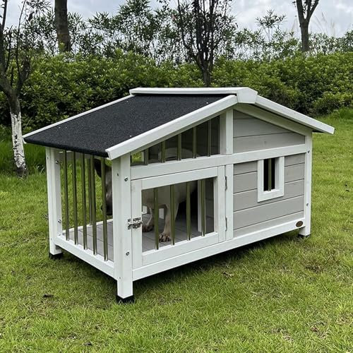 Hundehöhle für Große Hunde Outdoor mit Edelstahlzaun Hundehaus für Drinnen Holz Verstellbare Fußpolster Hundehaus Outdoor Wasserdicht und wi Nterfest(Natural)