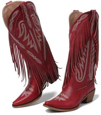 Grakihily Cowgirl Boots for Women Retro Pointed Toe Pull On Block Chunky Heel Embroide Tassel Country Concert Outfits Mid Calf Western Fringe Cowboy Boots, Pu./Red, 6 UK
