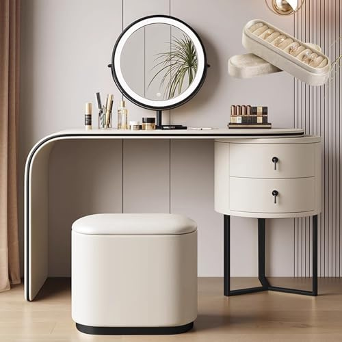 LVYWEX Dressing Table, Makeup Table With Mirror,Lights, Stool & Ring Box, No Assembly Required(Black edge,BEIGE_120CM)