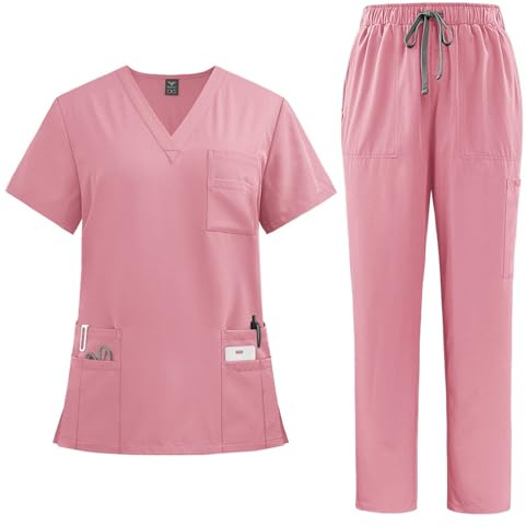 HSUAYEUD Médicale Unisexes Ensemble Haut et Pantalons Blouse Medicale Femme Homme Tenue Aide Soignante Professionnelle 2026 Confortable Uniforme Rose M