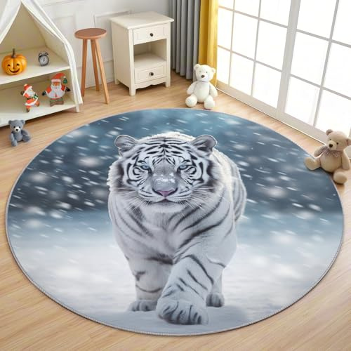 AevuCub Tiger Teppich Rund 90 cm Kurzflor - Waschbare Teppiche Wohnzimmer Winter Wilde Tiere - Runder Teppich 90 Durchmesser Kinderzimmer - Bettvorleger Schlafzimmer rutschfest Weich