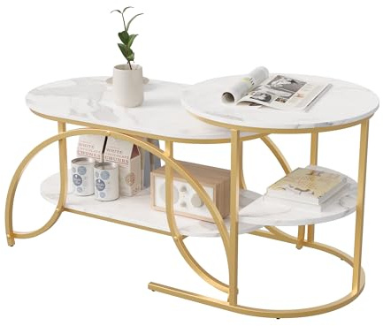 DIYHOM Couchtisch 2er Set, Rund und Oval Beistelltisch mit Stauraum, Marmor Optik, Metallrahmen Wohnzimmertisch Satztische Sofatisch Kaffeetisch,Weiß & Gold