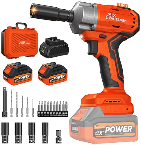 SIX CRAFTSMEN Llave de Impacto Inalámbrica Brushless 700 N.m, 21V Pistola de Impacto 1/2, Pistola de Impacto con 2 Baterías de 4.0 Ah, Velocidad Variable, Para Coche Familiar/Camioneta/Cortacésped