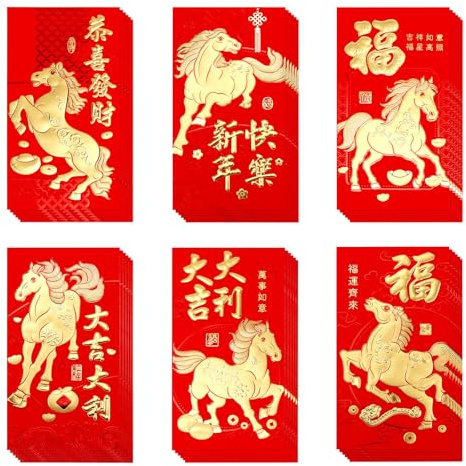 36pcs Enveloppes Rouges Chinoises 2026, Longues Enveloppes Rouges au Design Cheval Hong Bao pour Nouvel An Chinois Fournitures & Décorations Fête Nouvel An Lunaire