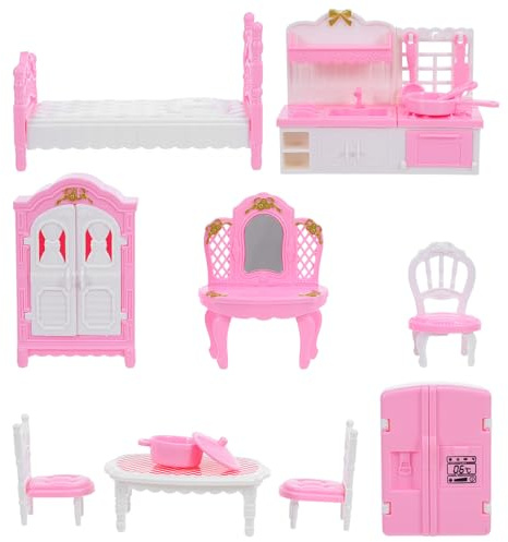 Vaguelly 2 set dockhusmöbler - realistiskt kök och sovrumslekset för minihus - miniatyrhushållsartiklar små möbler tillbehör leksak för barnlek