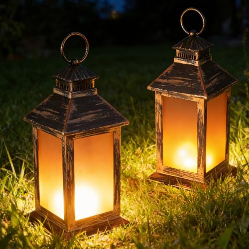 GAOUTO 2 farolillos para exteriores: linternas vintage creativas de cobre antiguo, para colgar en el exterior con efectos de llama, para balcón, jardín, mesa, terraza, pilas no incluidas