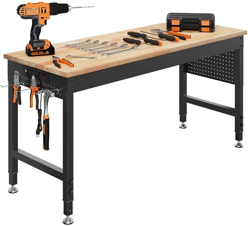 CAMMOO 152 x 55 cm verstellbare, robuste Werkbank, max. 907 kg Tragfähigkeit, Gummibaumholz-Arbeitstisch mit Lochwand, Steckdosen, Werkbank für Garage, Werkstatt, Büro, Zuhause, Gewerbe