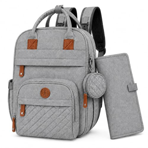 Kerason Wickeltasche Baby Wickelrucksack mit Wickelunterlage & Kinderwagenbefestigung, großer wasserabweisender Rucksack mit isolierten Flaschenfächern und Schnullertasche, hellgrau