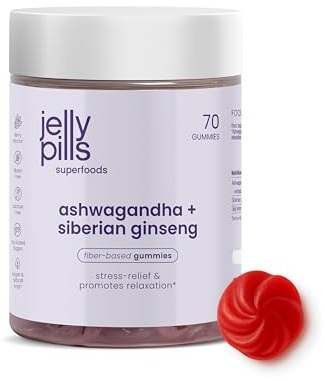 Jelly Pills Ashwagandha KSM-66 Gummies con Ginseng Siberiano y Goji - Adaptógenos para estrés y ansiedad con Withania Somnífera - 70 gominolas veganas sin gluten - Sabor natural a frutos del bosque