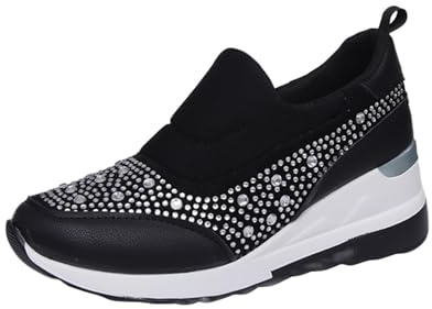 Generiska fritidsskor för kvinnor, sportiga, sneakers, dam, vita, platålöparskor, strass, glitter, promenadskor, platå, joggingskor med kilklack, sneakers utan skosnören, ortopediska
