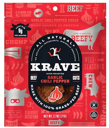KRAVE All Natural Beef Jerky, Garlic Chili Pepper - Protein Packed Snacks Roasted for Maximum Flavor - 100% Grass Fed Beef - Gluten Free - 2.7 Ounce