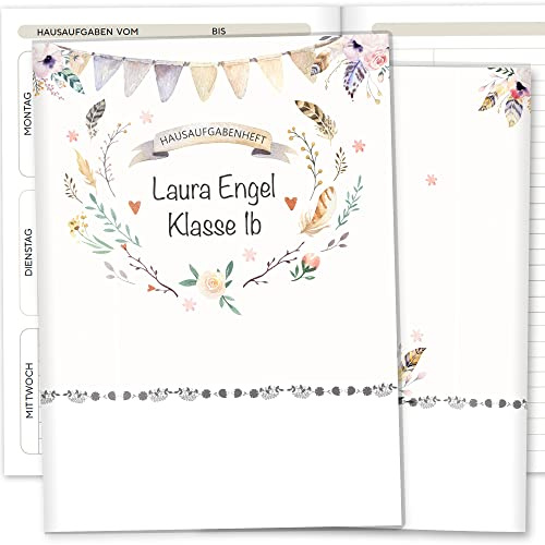 Olgs Hausaufgabenheft Hülle Boho Freunde inkl. Heft Schulheft Schutzhülle Umschlag Geschenkidee Einschulung personalisierbar mit Namen und die Schulklasse (personalisiert, ohne Motiv)