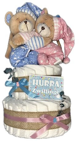 Windeltorte Zwillinge Bärengeschwister inkl. 2x Spieluhr Teddybär - Geschenk für Zwillinge zur Geburt - inkl. 2 süßen Spieluhren / 50-teilig (rosa/blau)