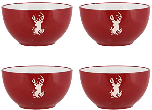 Dibor Set of 4 Red 500ml Dishwasher Microwave Safe Bowls - D14.5cm | Dishwasher Safe, Microwave Safe, Hand Finished, Christmas Crockery, Tableware, Red, White