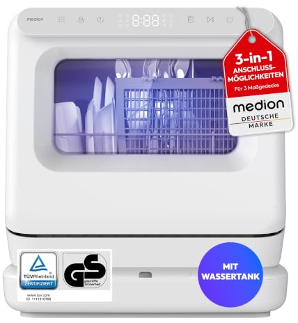 MEDION Mini Lavastoviglie DWT30, 3 Coperti, Lavastoviglie da Tavolo, funziona con o senza collegamento idrico, 6 Programmi, Luce UV, Asciugatura ad Aria, Display Touch, libera installazione, MD370022