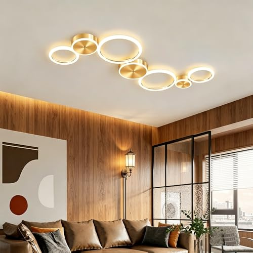 AHQX LED Deckenlampe Gold Wohnzimmer Deckenleuchte Schlafzimmer Esszimmer Büro Deckenbeleuchtung Modern Designer Leuchte Mit Rund Hardware Acryl Lampenschirm Deckenlicht,7 rings/78w …