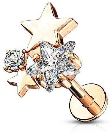 beyoutifulthings 1 Knorpel Ohr-Stecker 3 Sterne Silber Gold Roségold 2 Zirkonia Clear Piercing-s Chirurgenstahl Schraub-Verschluss Stab 6/8-mm lang