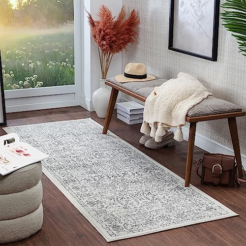 Livabliss MARGAUX Tradizionale Vintage Runner Tappeto | Bianco sporco, Grigio medio, Carbone | 80x220cm | Corridoio e Cucina | Tessuto a Macchina Polipropilene