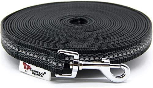 Twinkys Dog Style Schleppleine Hundeleine gummiert 20 mm breit für Hunde bis 50 kg mit Salzwasser beständigem Edelstahl Karabiner - OHNE Handschlaufe 5 Meter, Schwarz Reflektierend Made in Germany