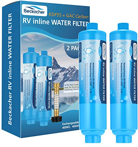 Vattenfilter för husbil med flexibelt slangskydd, KDF&GAC minskar dålig smak, lukt, klor och sediment i dricksvatten, husbils inline/marint vattenfilter, 2-pack