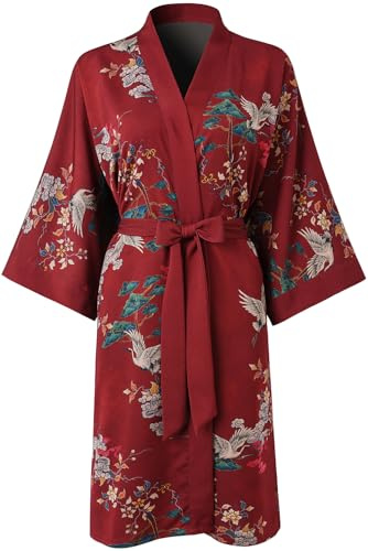 Ledamon Peignoir kimono court pour femme – Peignoir floral à poche pour femme, rouge vin, taille unique