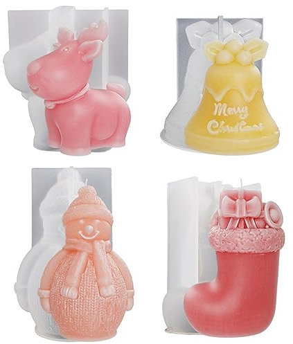 Ashuxxn 4 Stück 3D Weihnachten Kerzenform: Schneemann, Glocke, Elch, Weihnachtssocken - DIY Kerzengießform für Weihnachtsschmuck Dekoration