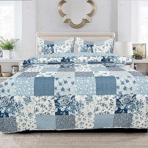 B&B King Size Cotton Bedding Reversible Patchwork Quilt Blanket Bed Sheet Printed Bedding Set - 100% Cotton 3Piece Comforter Set + 2 Pillow Sham (ICE BLUE FLORAL(Des 6))