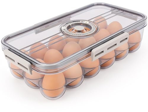 BELLE VOUS Eier Aufbewahrung Kühlschrank Organizer mit Timer-Deckel - Durchsichtige Eier Kühlschrank Eierbox Kunststoff & BPA-Frei - Für 18 Eier - Tragbare Stapelbare Eierbox mit Monats-/Tages-Timer
