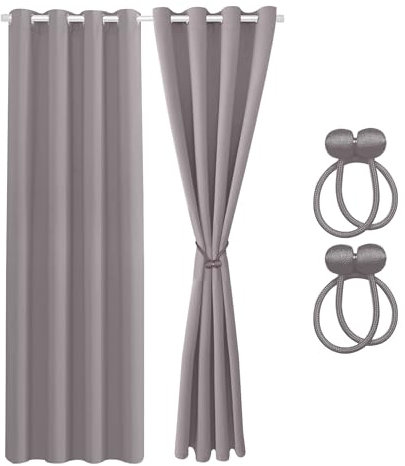 Cozyor Verdunklungsvorhänge Gardinen 2er Set mit Magnet-Raffhalter Thermogardine gegen Kälte 100% verdunkelnd, hellgrau Moonlight, Gardine mit Ösen, 200x135 cm