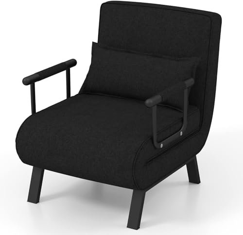 RELAX4LIFE Schlafsessel 4 in 1, Schlafsofa mit Bettfunktion, Klappsessel mit 6-stufig Verstellbarer Rückenlehne&Abnehmbarem Kissen&Armlehnen, bis 150kg belastbar, Gästebett für Wohnzimmer (Schwarz)