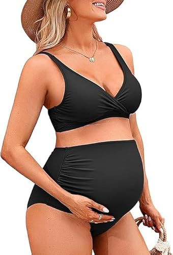 Charmo Womens Maternity Bikini Set 2 Pieces High Waist Swimwear | Removable Pads, Adjustable Straps, Ruched Design, Push Up, V Neck