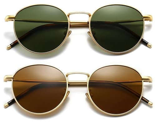 SUNGAIT Runde Vintage Sonnenbrille Klassische Retro Metallrahmen Sonnenbrille Rundschreiben (Gold Rahmen/Polarisierte Grüne Linse & Gold Rahmen/Polarisierte Braune Linse)