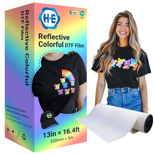 H-E Reflektierende DTF-Folie, 30 cm x 5 m, reflektierende bunte DTF-Transferfolie, kaltabziehend, bunte DTF-Folie, DTF-Effekt, verschiedene Effekte