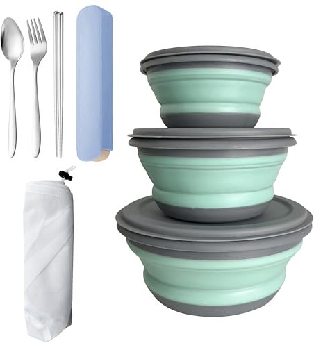 HPWFHPLF Camping Bowls, 3PCS Collapsible Bowls with Cutlery and Reusable Storage Bag, Food-Grade Silicone Lunch Box with Lids for Camping Picnic Travel (Blue)