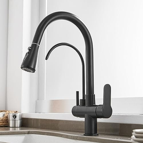 3-Wege-Küchenarmatur ausziehbar mit Dusche, 3-Wege-Mischer-Wasserhahn, Küche, drehbar, Trinkwasser, Wasserhahn, Trinkwasser, Messing, Spülbecken, Küche, ausziehbar, Schwarz