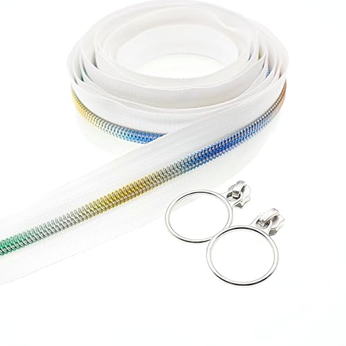 Leekayer #5 Regenbogen-Zähne Spiralreißverschlüsse aus metallischem Nylon meterweise, 9,14 m weißes Reißverschlussband mit 25 silberfarbenen Ring-Zugschiebern für Heimwerker, Nähen, Schneider