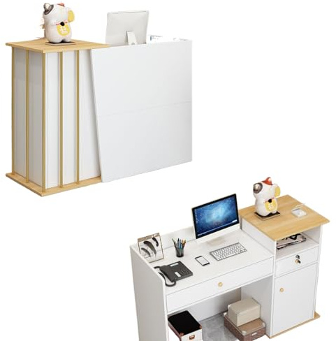 Empfangstheke Salon Kosmetikstudio 120cm Weiss Gold, Rezeptionstheke Hotel, Weiß Empfangsthek Verkaufstheke Fachmann Theke BüRo Rezeption, Laden, BekleidungsgeschäFten, Firmenhallen, Laden-Theke