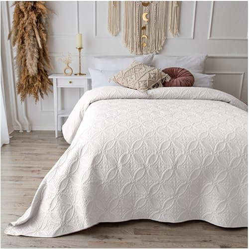 CalmyHOME Tagesdecke Bett Bettüberwurf Überwurf Ornamente 220x240cm Sofaüberwurf Steppdecke Sofa Decke Überwurfdecke Tages Decken Betthusse XXL Überdecke Gesteppte Tagesdecken (Weiss)
