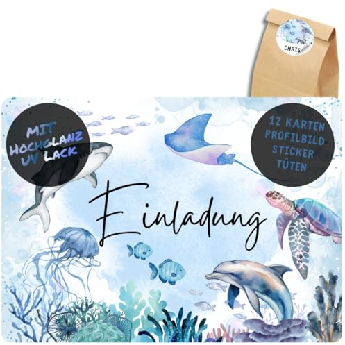 celebr8te 12x Meerestiere Einladungskarten im UV-Lack Design - Für den Kindergeburtstag von Jungen & Mädchen - Partyeinladungen für Geburtstage +12 Sticker +12 Geschenktüten