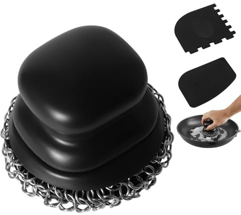 Scrubber for Cast Iron Pan, Pot Cleaner with 2 Scrapers,Chain Mail Cleaning Brush for Dishes, Pots, Pans, Griddles, Grills (Black, Large Chain Mail)