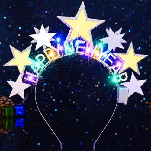 Reaky Bandeau lumineux de Noël avec étoiles argentées et strass - Accessoires de cheveux pour femme