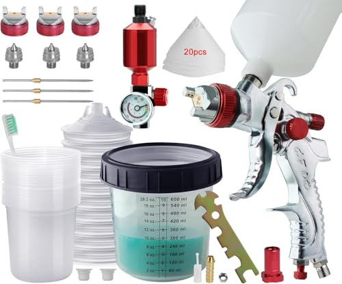 HVLP - Pistolet à peinture à air comprimé - 3 buses de 1,4 mm, 1,7 mm, 2,0 mm - Système de pulvérisation de peinture avec gobelet de mélange jetable - Comprend 10 couvercles de 600 ml et gobelet