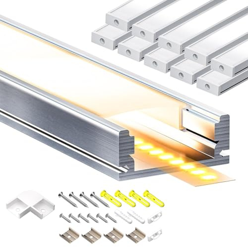 Brillivanture LED Schiene 10x2 m U-Form aus LED Aluminium Profil, für 12 mm Strip, mit 10x milchigem LEDDiffusor, geeignet für indirektes Licht, vielseitig als Kanalleiste