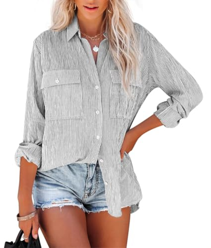 NONSAR Blusa de manga larga para mujer - A rayas - Informal - De algodón - Túnica de manga larga - Camisa de lino, XXL