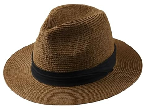 VCSZYAFX Chapeau de Paille Pliable à Grande tête for Hommes, Chapeau de Cowboy d'été en Plein air, Chapeaux de Soleil de Plage de Sable, Chapeau Fedora pour Femme(Coffee,58cm-60cm)